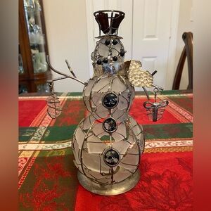 Frosted Glass Snowman TeaLite Candleholder Silver Accent Christmas Holiday Decor